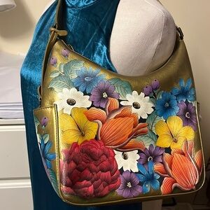 Anuschka hand painted leather golden hobo style shoulder bag